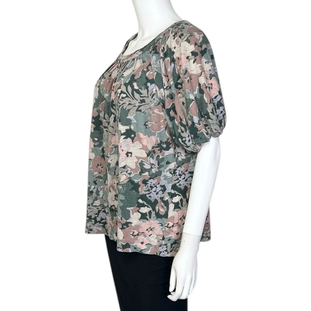 Anthropologie Maeve Linen Puff Sleeved Top in Green Floral - XL - Picture 6 of 11